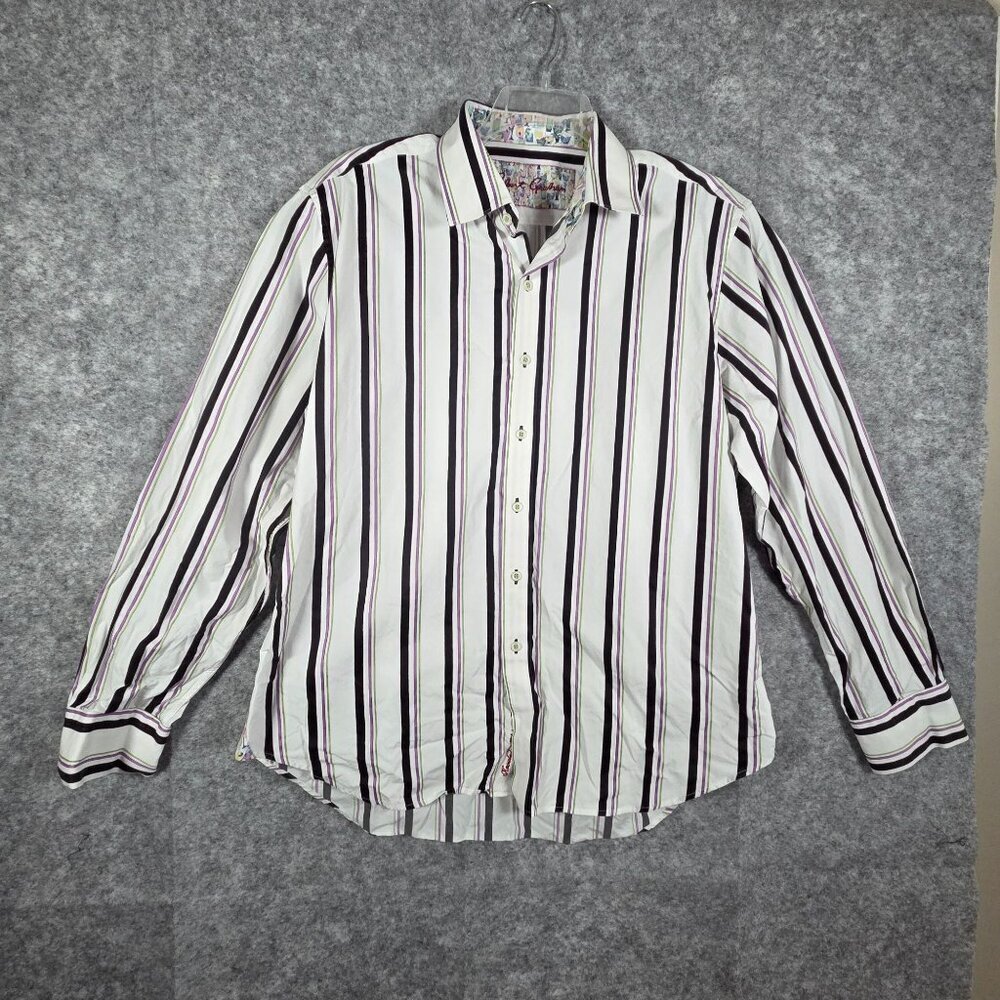 Robert Graham Shirt Collard Button Up Multi Color Stripes Size 2XL Designer